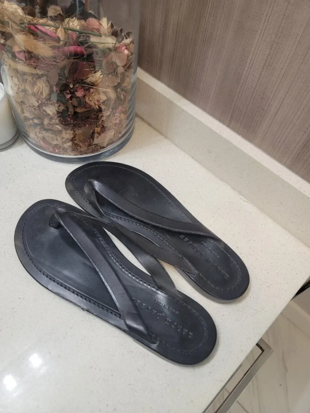 Ralph Lauren VTG RARE Flip Flops Men 11.5 Black Italian Leather Thong Black